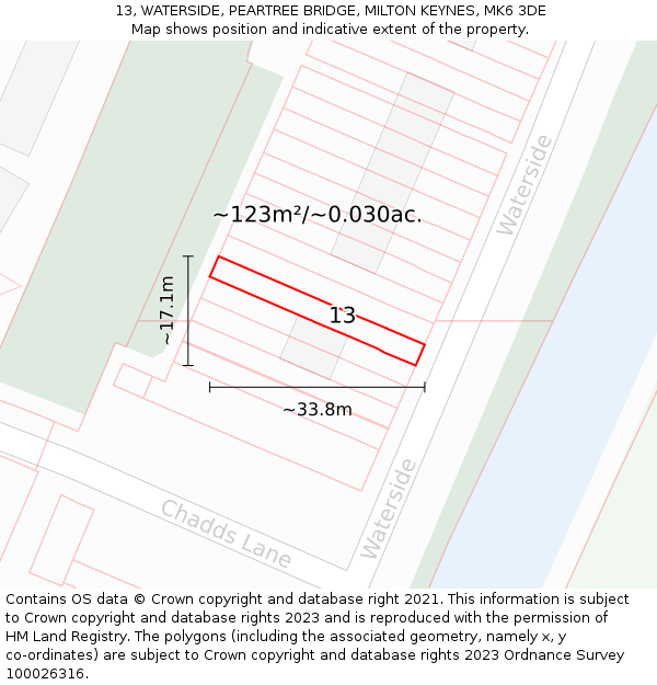 13, WATERSIDE, PEARTREE BRIDGE, MILTON KEYNES, MK6 3DE: Plot and title map