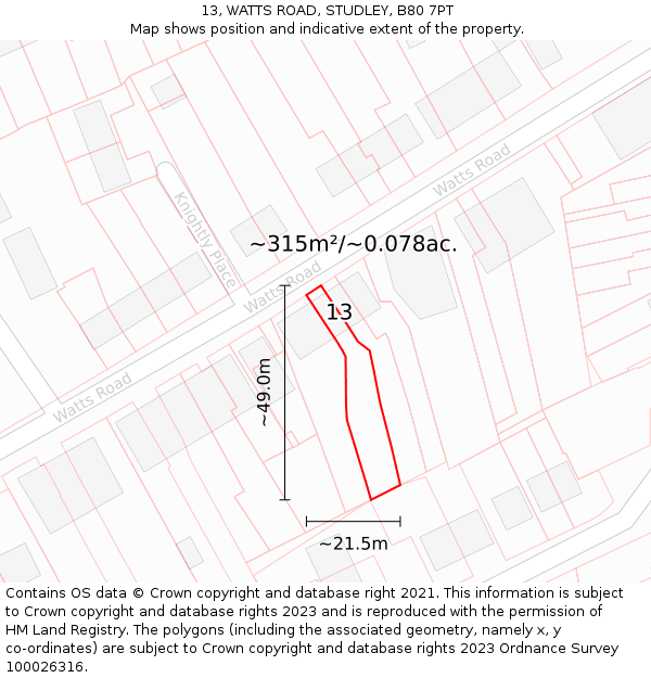 13, WATTS ROAD, STUDLEY, B80 7PT: Plot and title map