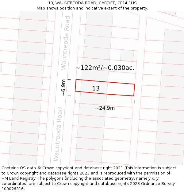 13, WAUNTREODA ROAD, CARDIFF, CF14 1HS: Plot and title map