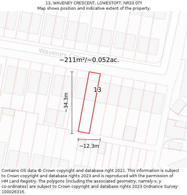 13, WAVENEY CRESCENT, LOWESTOFT, NR33 0TY: Plot and title map