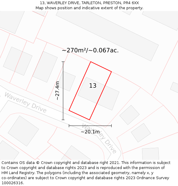 13, WAVERLEY DRIVE, TARLETON, PRESTON, PR4 6XX: Plot and title map