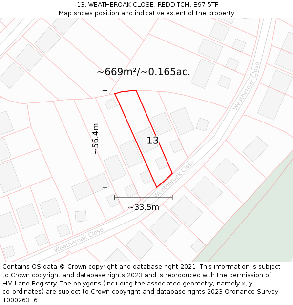 13, WEATHEROAK CLOSE, REDDITCH, B97 5TF: Plot and title map