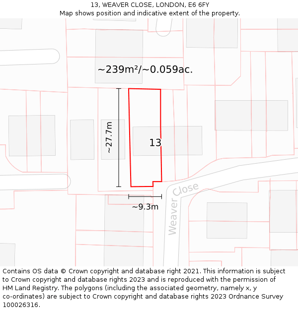 13, WEAVER CLOSE, LONDON, E6 6FY: Plot and title map