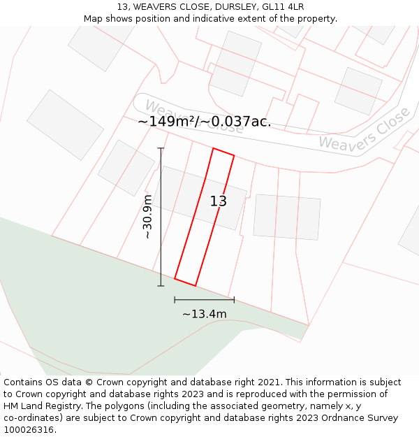 13, WEAVERS CLOSE, DURSLEY, GL11 4LR: Plot and title map