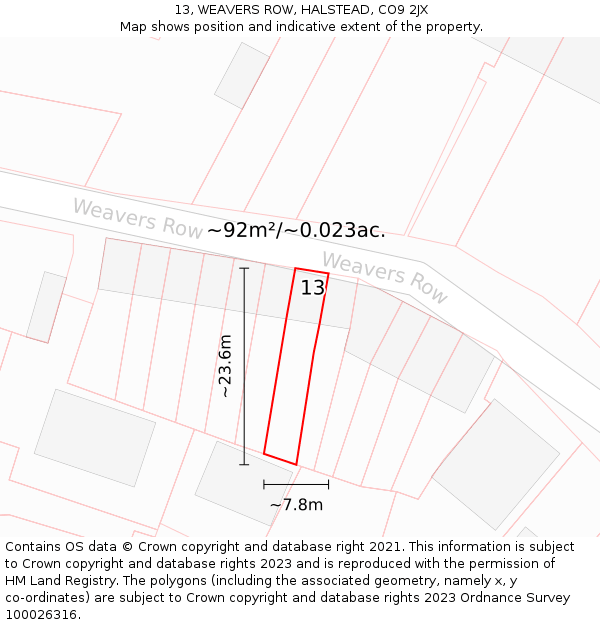 13, WEAVERS ROW, HALSTEAD, CO9 2JX: Plot and title map