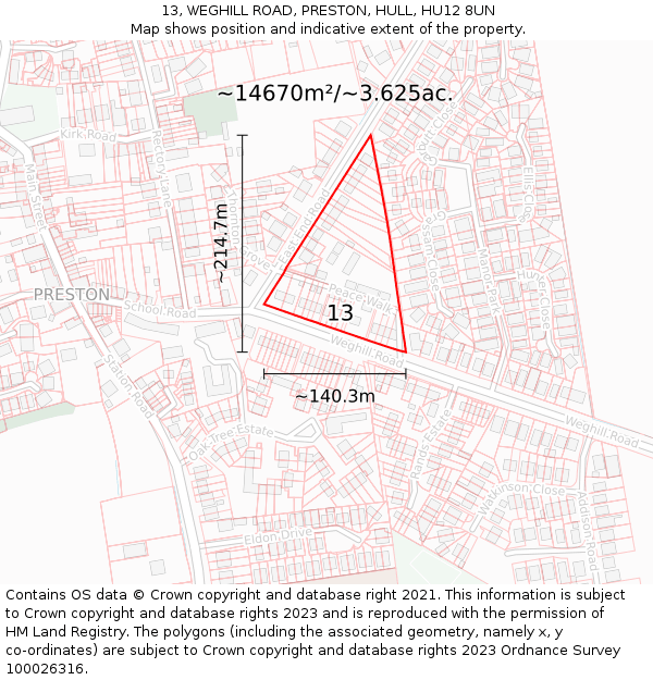 13, WEGHILL ROAD, PRESTON, HULL, HU12 8UN: Plot and title map