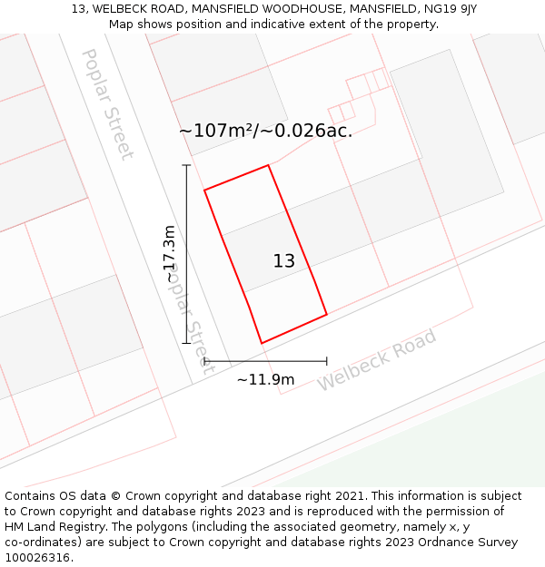 13, WELBECK ROAD, MANSFIELD WOODHOUSE, MANSFIELD, NG19 9JY: Plot and title map