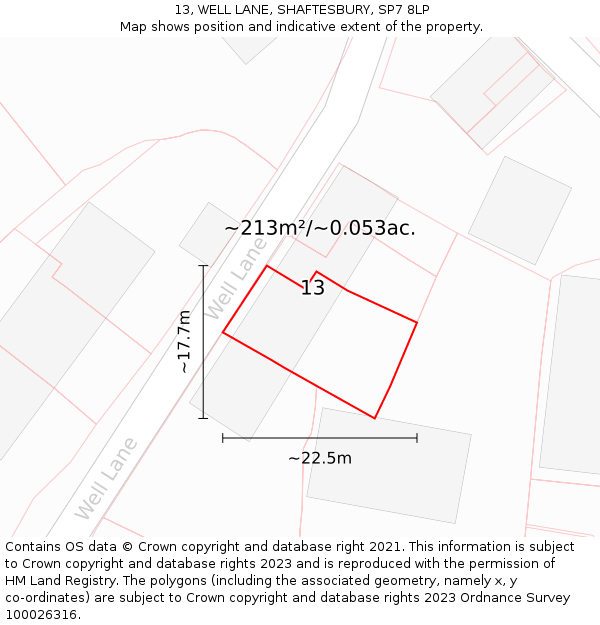 13, WELL LANE, SHAFTESBURY, SP7 8LP: Plot and title map