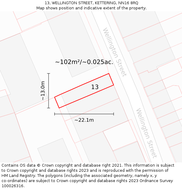 13, WELLINGTON STREET, KETTERING, NN16 8RQ: Plot and title map
