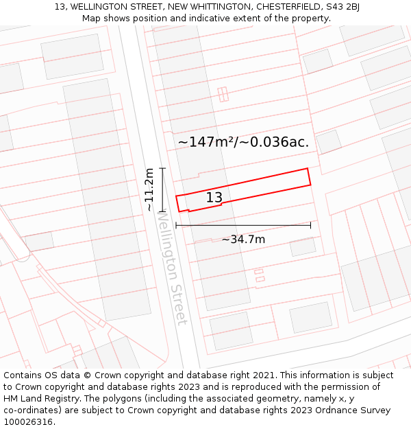 13, WELLINGTON STREET, NEW WHITTINGTON, CHESTERFIELD, S43 2BJ: Plot and title map