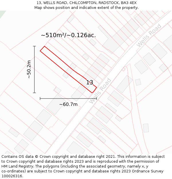 13, WELLS ROAD, CHILCOMPTON, RADSTOCK, BA3 4EX: Plot and title map