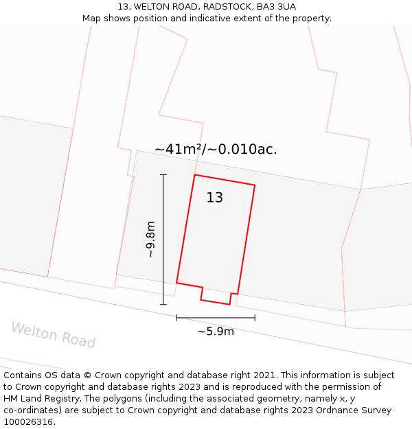 13, WELTON ROAD, RADSTOCK, BA3 3UA: Plot and title map