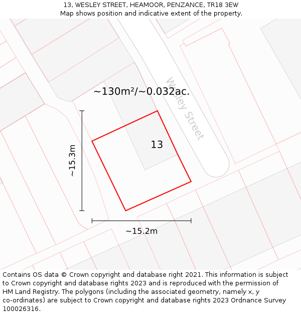13, WESLEY STREET, HEAMOOR, PENZANCE, TR18 3EW: Plot and title map