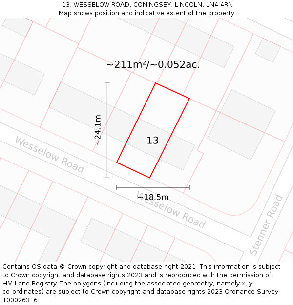 13, WESSELOW ROAD, CONINGSBY, LINCOLN, LN4 4RN: Plot and title map