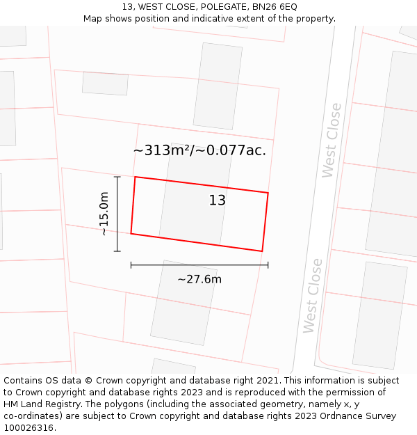 13, WEST CLOSE, POLEGATE, BN26 6EQ: Plot and title map