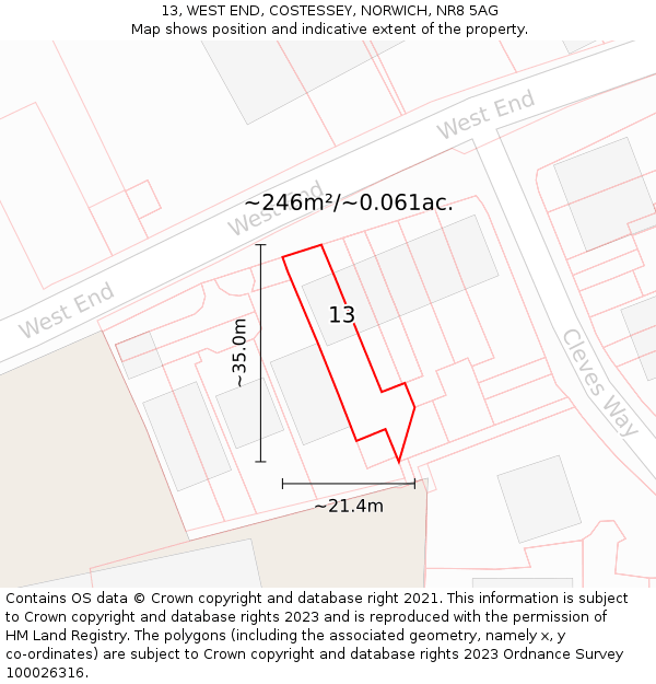 13, WEST END, COSTESSEY, NORWICH, NR8 5AG: Plot and title map
