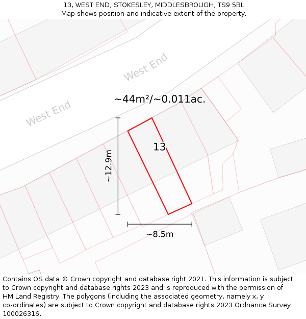 13, WEST END, STOKESLEY, MIDDLESBROUGH, TS9 5BL: Plot and title map