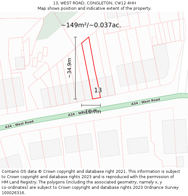 13, WEST ROAD, CONGLETON, CW12 4HH: Plot and title map