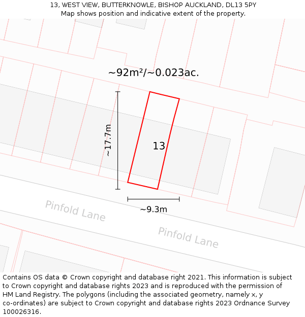 13, WEST VIEW, BUTTERKNOWLE, BISHOP AUCKLAND, DL13 5PY: Plot and title map