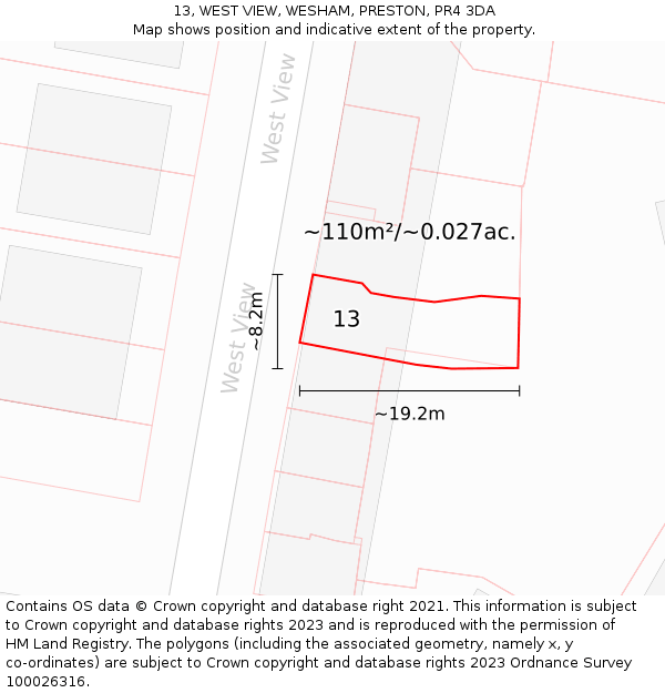 13, WEST VIEW, WESHAM, PRESTON, PR4 3DA: Plot and title map
