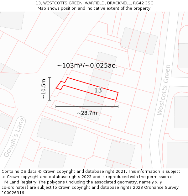 13, WESTCOTTS GREEN, WARFIELD, BRACKNELL, RG42 3SG: Plot and title map