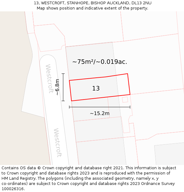 13, WESTCROFT, STANHOPE, BISHOP AUCKLAND, DL13 2NU: Plot and title map