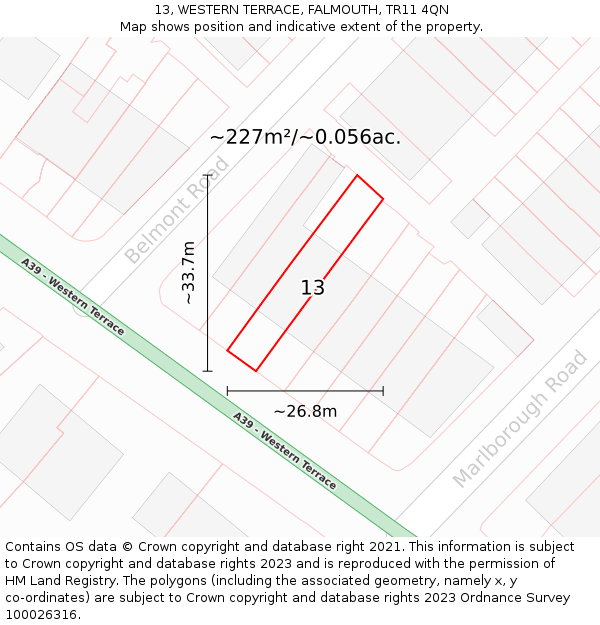 13, WESTERN TERRACE, FALMOUTH, TR11 4QN: Plot and title map
