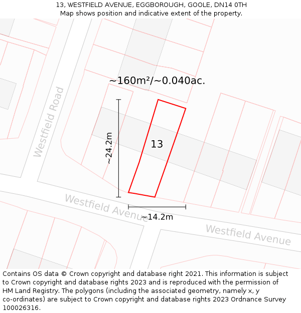13, WESTFIELD AVENUE, EGGBOROUGH, GOOLE, DN14 0TH: Plot and title map