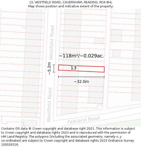 13, WESTFIELD ROAD, CAVERSHAM, READING, RG4 8HL: Plot and title map