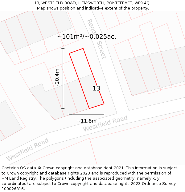 13, WESTFIELD ROAD, HEMSWORTH, PONTEFRACT, WF9 4QL: Plot and title map