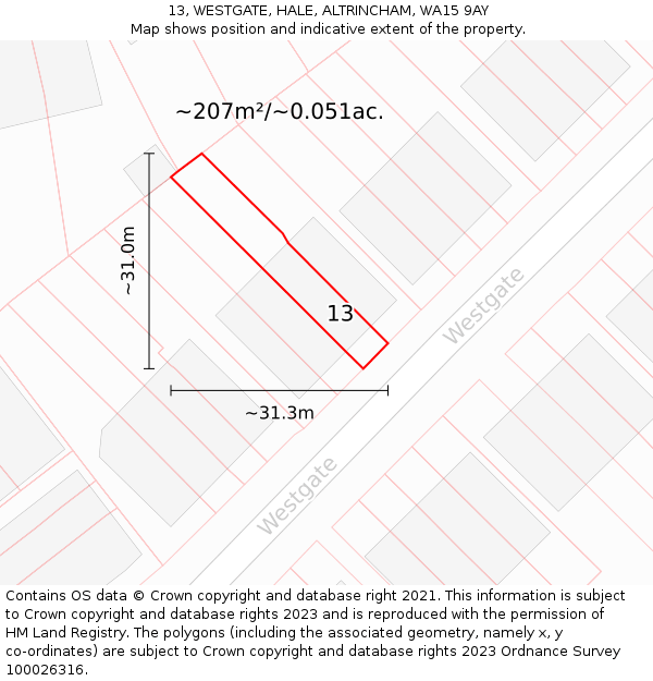 13, WESTGATE, HALE, ALTRINCHAM, WA15 9AY: Plot and title map