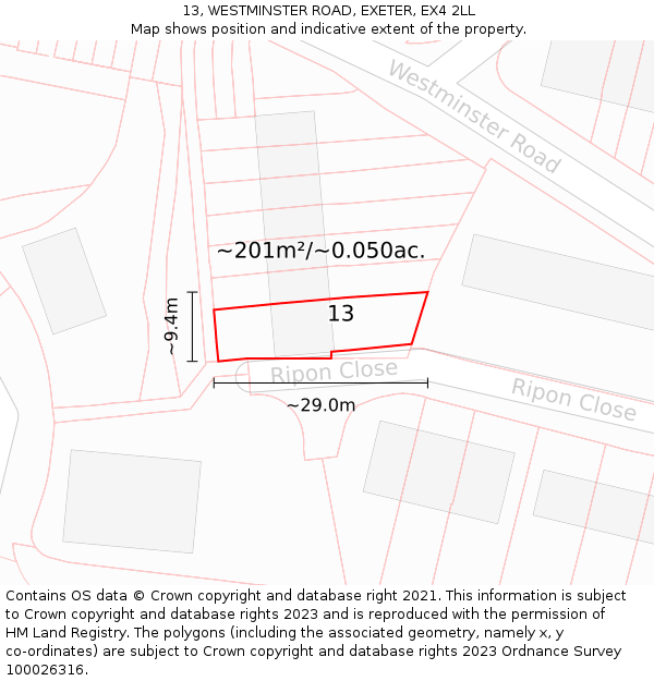 13, WESTMINSTER ROAD, EXETER, EX4 2LL: Plot and title map