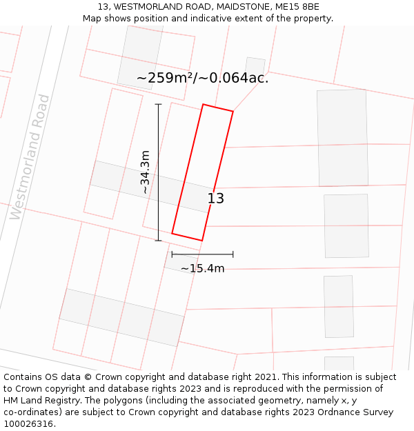 13, WESTMORLAND ROAD, MAIDSTONE, ME15 8BE: Plot and title map