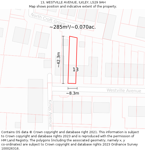 13, WESTVILLE AVENUE, ILKLEY, LS29 9AH: Plot and title map