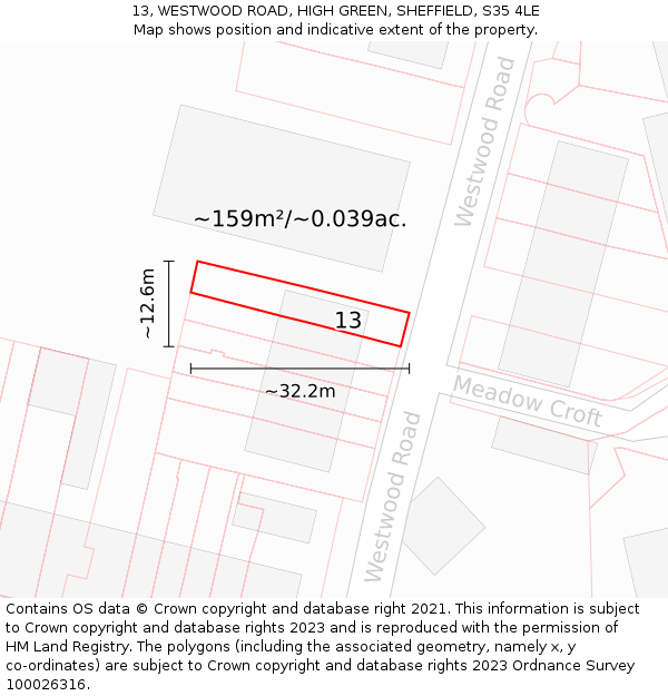 13, WESTWOOD ROAD, HIGH GREEN, SHEFFIELD, S35 4LE: Plot and title map
