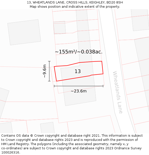 13, WHEATLANDS LANE, CROSS HILLS, KEIGHLEY, BD20 8SH: Plot and title map
