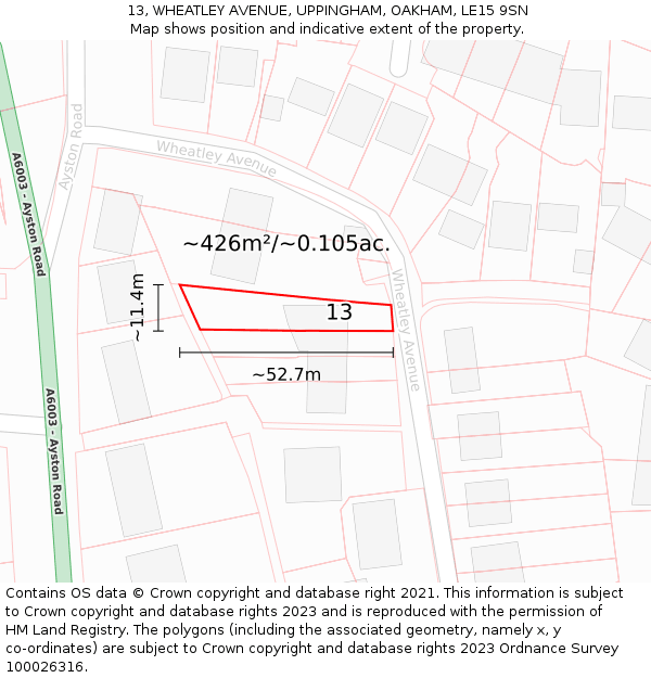 13, WHEATLEY AVENUE, UPPINGHAM, OAKHAM, LE15 9SN: Plot and title map