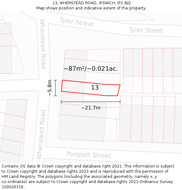 13, WHERSTEAD ROAD, IPSWICH, IP2 8JQ: Plot and title map