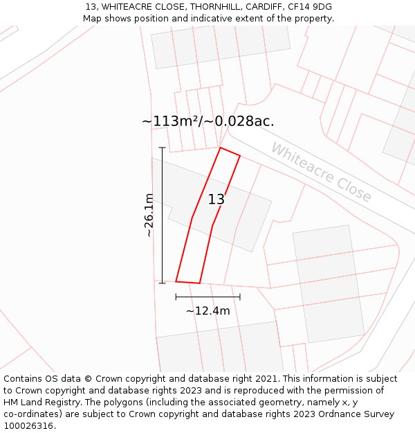 13, WHITEACRE CLOSE, THORNHILL, CARDIFF, CF14 9DG: Plot and title map