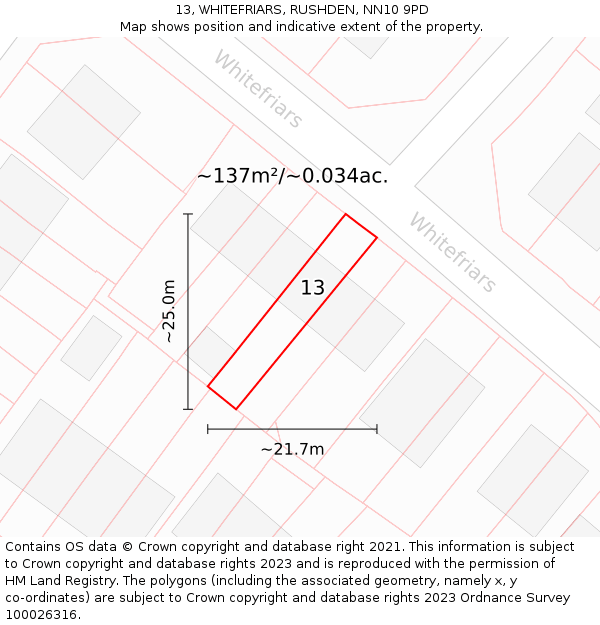 13, WHITEFRIARS, RUSHDEN, NN10 9PD: Plot and title map