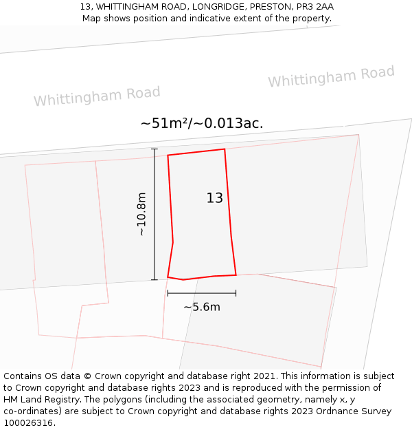 13, WHITTINGHAM ROAD, LONGRIDGE, PRESTON, PR3 2AA: Plot and title map