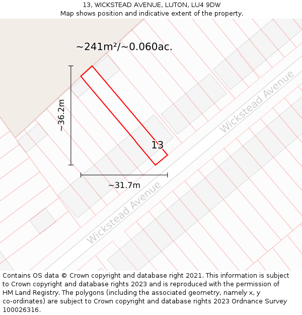 13, WICKSTEAD AVENUE, LUTON, LU4 9DW: Plot and title map