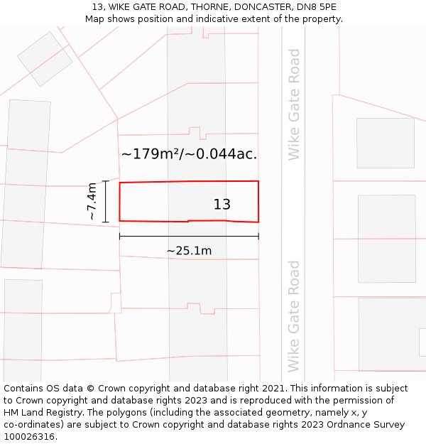 13, WIKE GATE ROAD, THORNE, DONCASTER, DN8 5PE: Plot and title map