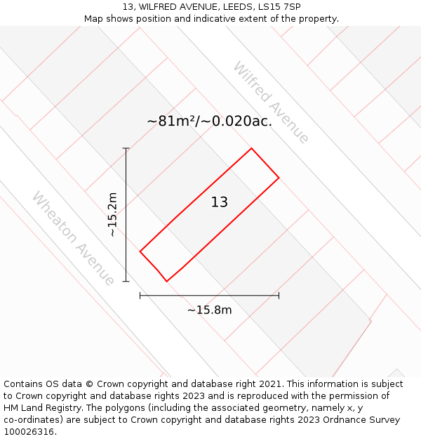 13, WILFRED AVENUE, LEEDS, LS15 7SP: Plot and title map