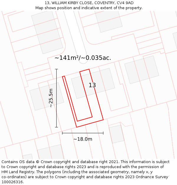 13, WILLIAM KIRBY CLOSE, COVENTRY, CV4 9AD: Plot and title map