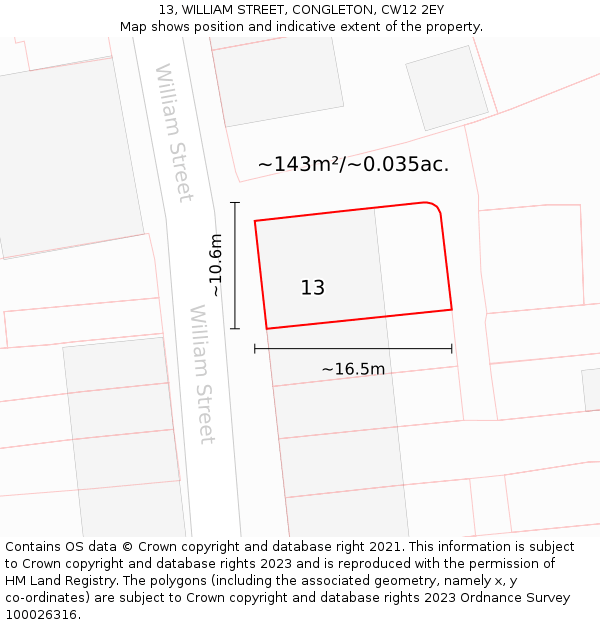 13, WILLIAM STREET, CONGLETON, CW12 2EY: Plot and title map