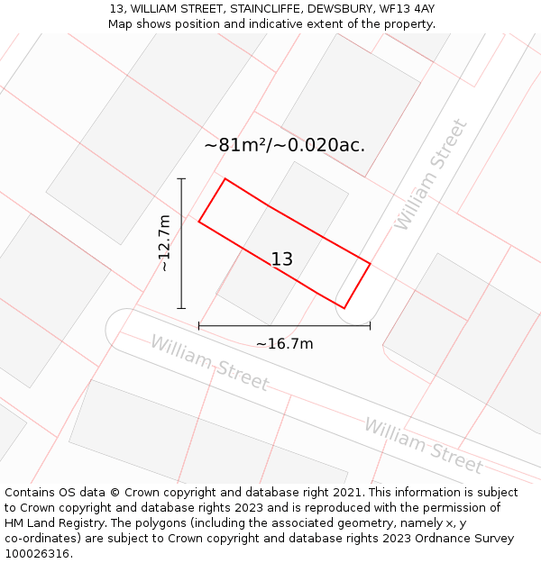 13, WILLIAM STREET, STAINCLIFFE, DEWSBURY, WF13 4AY: Plot and title map