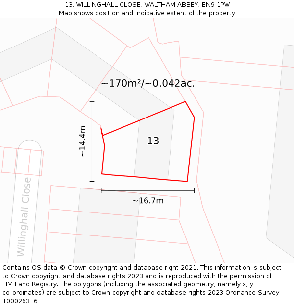 13, WILLINGHALL CLOSE, WALTHAM ABBEY, EN9 1PW: Plot and title map
