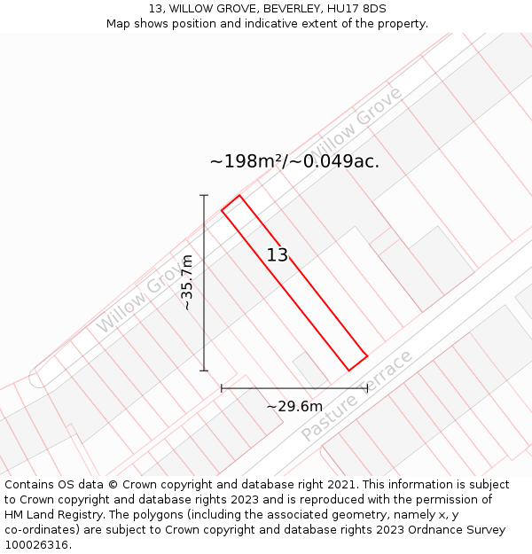 13, WILLOW GROVE, BEVERLEY, HU17 8DS: Plot and title map