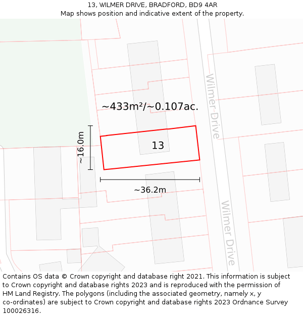 13, WILMER DRIVE, BRADFORD, BD9 4AR: Plot and title map